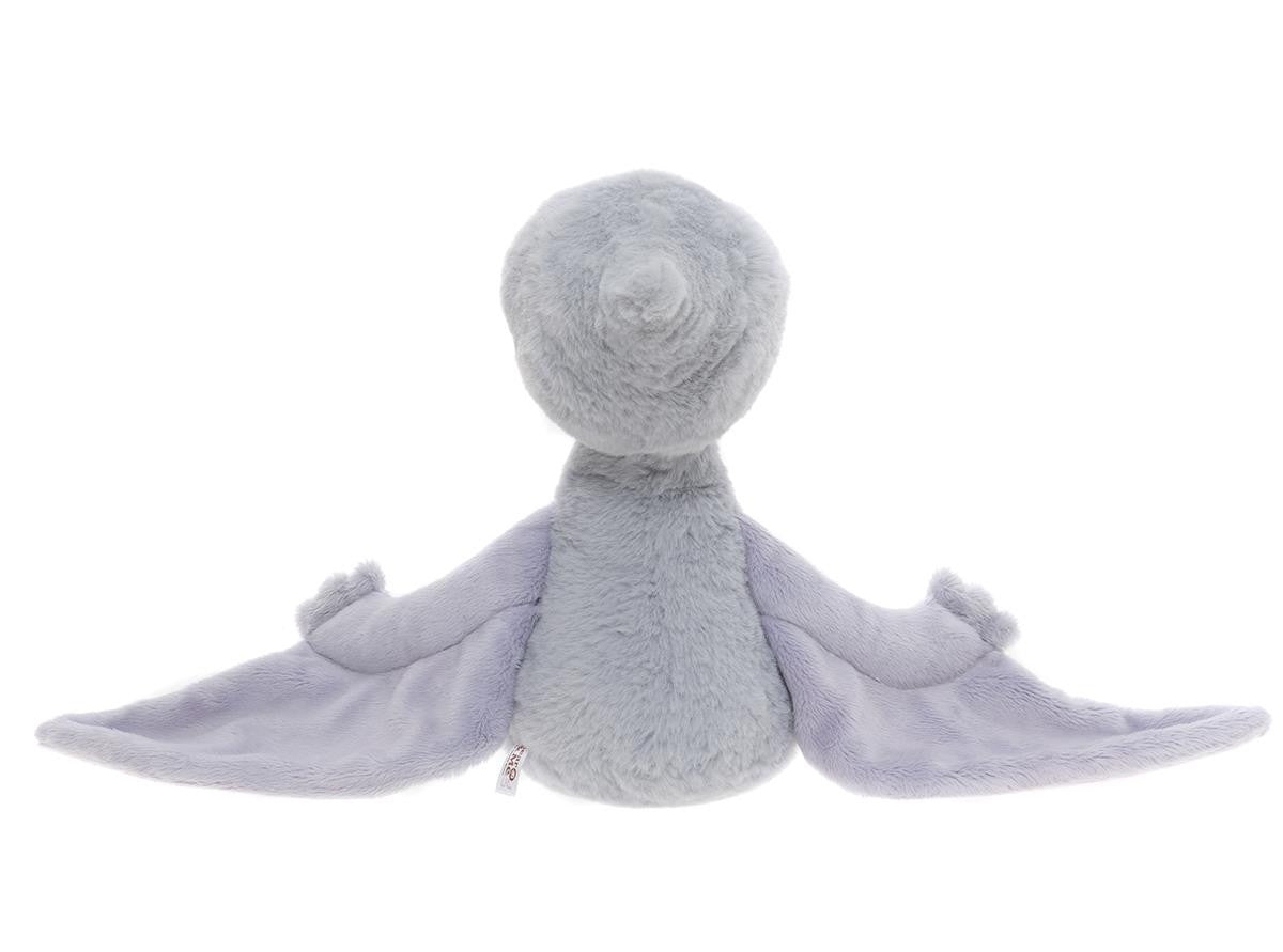 Gray plush toy with a soft texture on a white background
