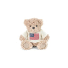 Plush teddy bear wearing a shirt with an American flag on a white background