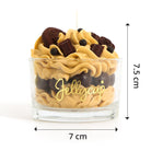 Candle in a glass jar with chocolate pieces and 'Jellycup' branding, shown with dimensions.