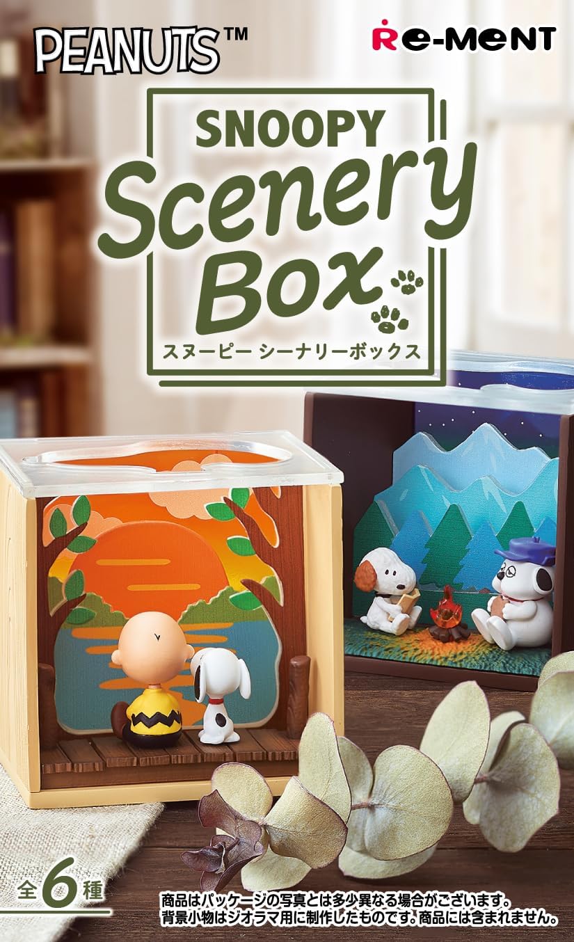 Snoopy Scenery Box packaging with Snoopy and Woodstock figures, featuring Re-ment branding.