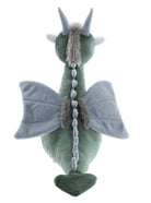 Plush dragon toy with green body, gray wings, and horns on a white background