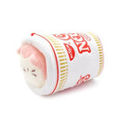 Stuffed cat toy partially inside a plush cup of Nissin noodles.