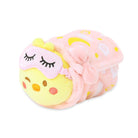 Yellow chick plush wearing a pink sleeping mask and blanket.
