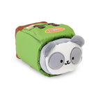 Stuffed panda toy in a green and brown backpack.