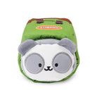 A plush, green backpack with a panda face.