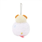 Plush keychain of a cartoon character with a white body and beige head on a white background