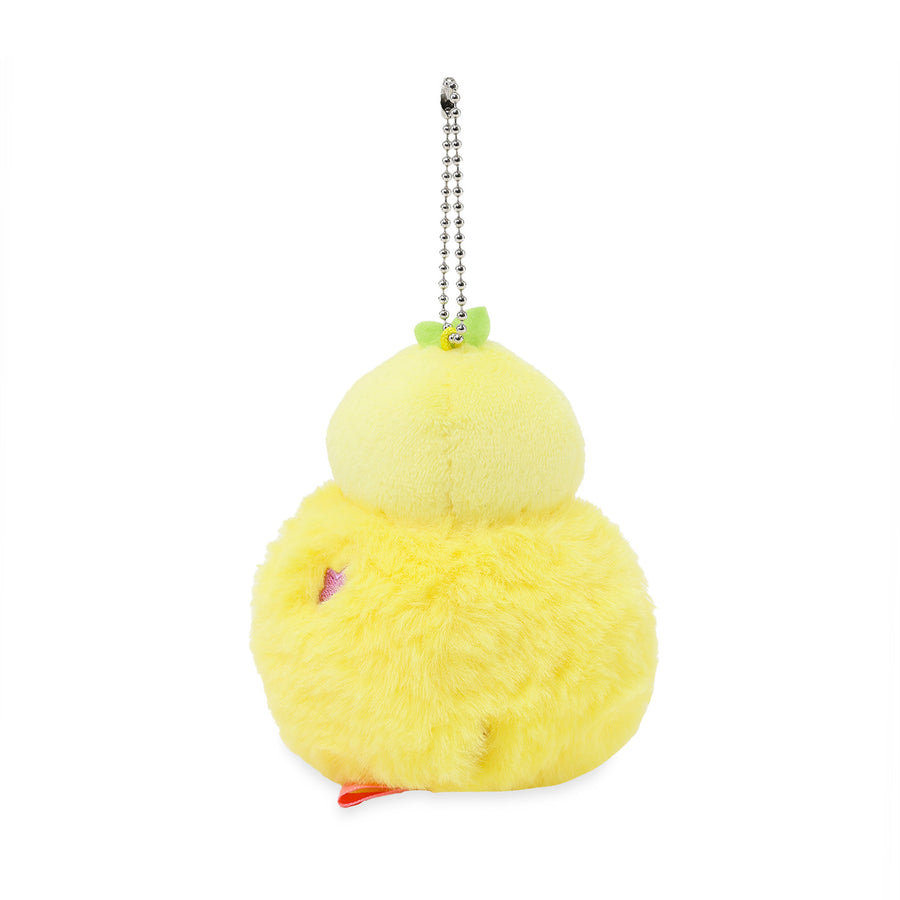 Yellow plush keychain with a chain on a white background
