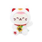 White plush cat toy with red accents and a yellow tag on a white background