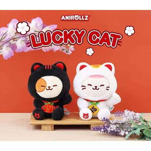 Two plush toys resembling a black and a white cat on a wooden stand with 'Anirollz' branding and 'Lucky Cat' text.