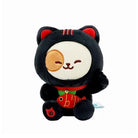 Black cat plush toy with red accents on a white background