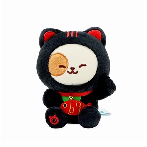 Black cat plush toy with red accents on a white background