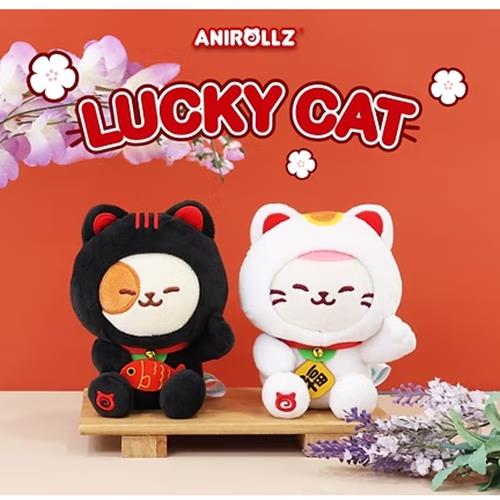 Two plush toys, one black and one white, with cat ears on a wooden stand against an orange background with 'Anirollz' branding.