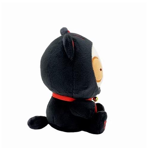 Black plush toy with a red collar on a white background