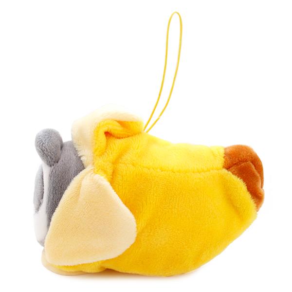 Gray and white hamster in a yellow banana plush.