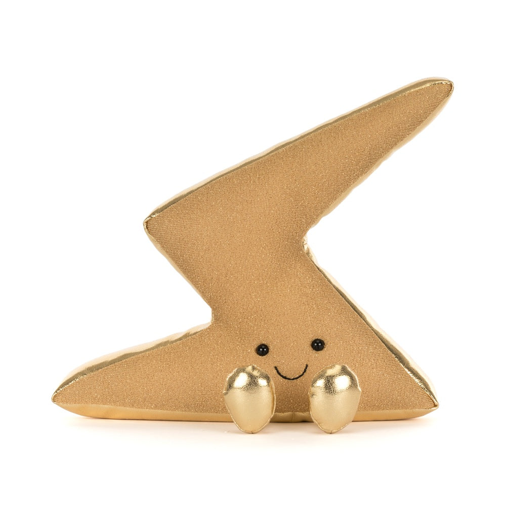 Gold lightning bolt-shaped plush toy with a smiling face on a white background