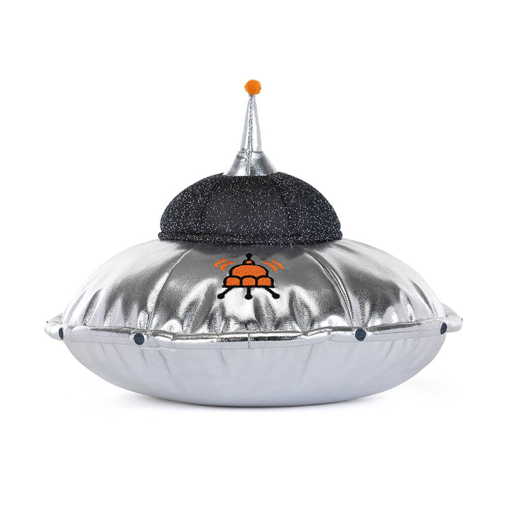 Silver plush flying saucer toy by Jellycat with black glitter dome, orange antenna, and embroidered alien design, front view