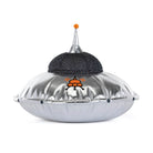Silver plush flying saucer toy by Jellycat with black glitter dome, orange antenna, and embroidered alien design, front view