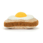 Stuffed egg-shaped pillow with yellow yolk, white frill, and brown shaggy band.
