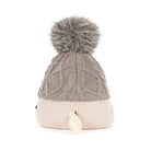 A knit pom-pom beanie hat with a textured cable-knit top section in taupe gray and a ribbed bottom section in cream, featuring a fluffy gray pom-pom on top and a small white tail detail.
