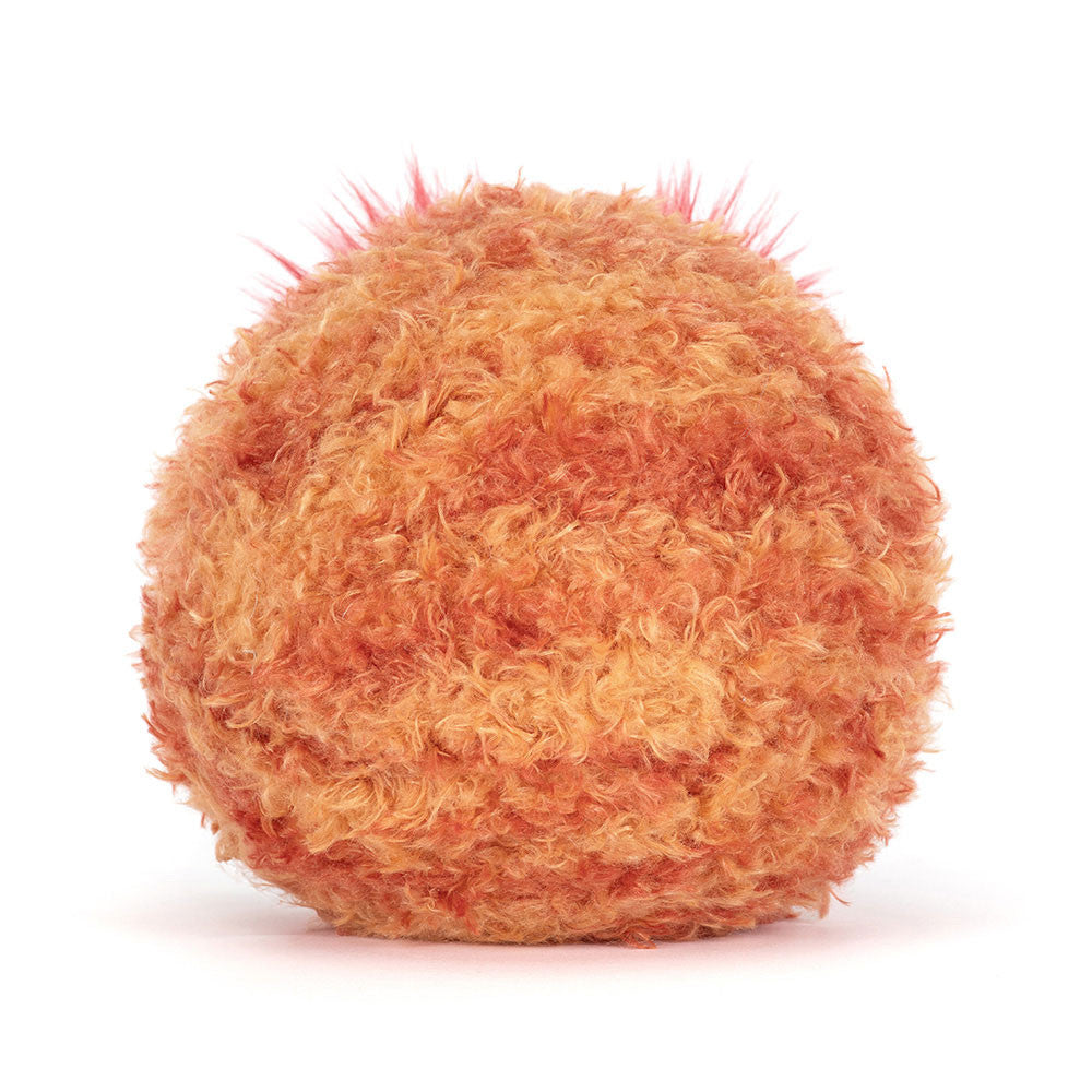 Fuzzy orange-red plush planet Mars toy by Jellycat, round with curly texture and spiky tufts, front view on white background