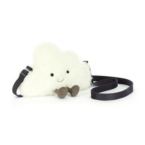 Fluffy white cloud-shaped shoulder bag by Jellycat with black strap, small brown feet, and smiling face, front view.