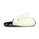 White fluffy cloud-shaped shoulder bag by Jellycat with black strap and gold zipper, side view