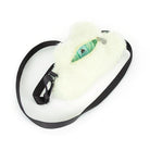 Soft white plush cloud-shaped shoulder bag by Jellycat with black strap and green tag, top-down view