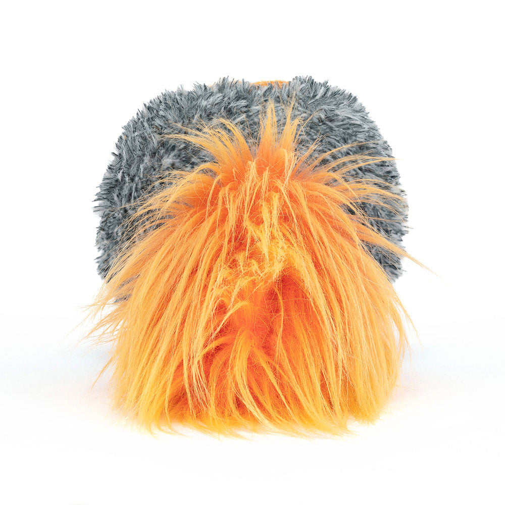 Soft gray plush space comet toy with vibrant orange fluffy tail by Jellycat, front view on white background