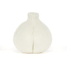 A white knitted garlic-shaped vase with a textured knit pattern and a short neck, centered on a plain white background.