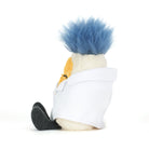 Soft plush boiled egg toy in white lab coat with blue fuzzy hair, by Jellycat, shown from back view with black corduroy shoes.
