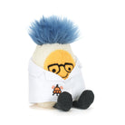 Soft plush boiled egg toy with blue fluffy hair and glasses, wearing white lab coat with orange beaker emblem, by Jellycat, seated front view