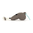 Plush toy horse with a rope on a white background