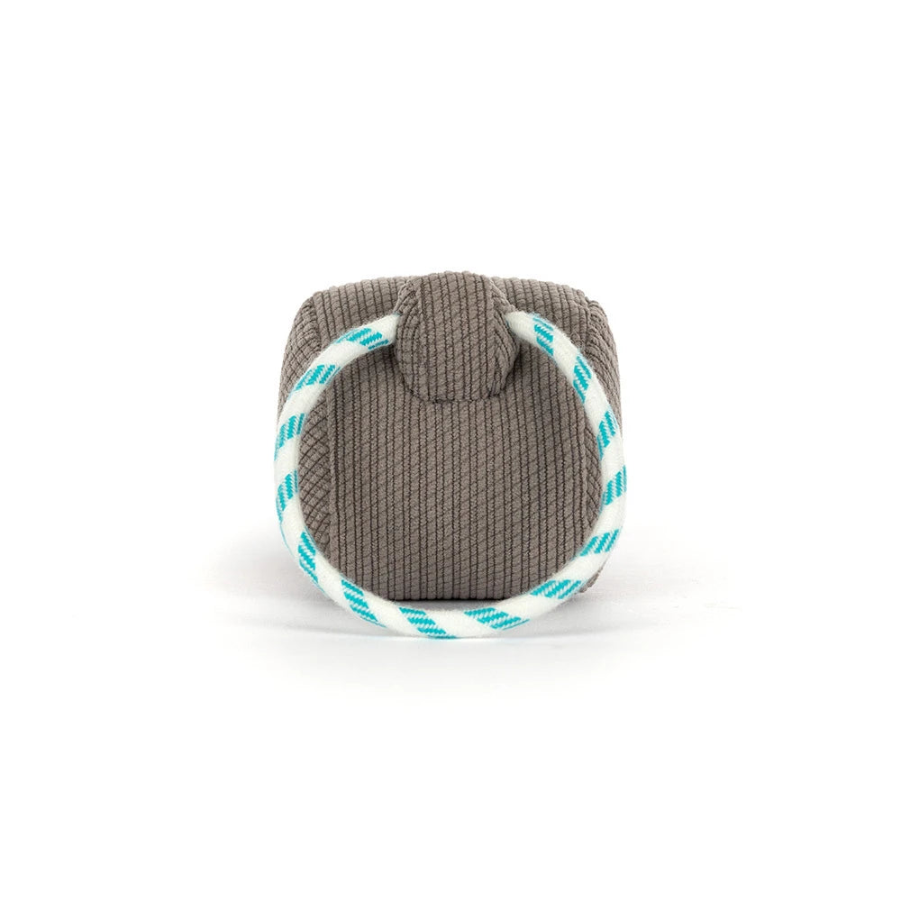A gray textured dog tug toy with a white rope handle featuring teal stripes, shown on a clean white background.