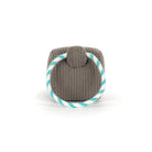 A gray textured dog tug toy with a white rope handle featuring teal stripes, shown on a clean white background.