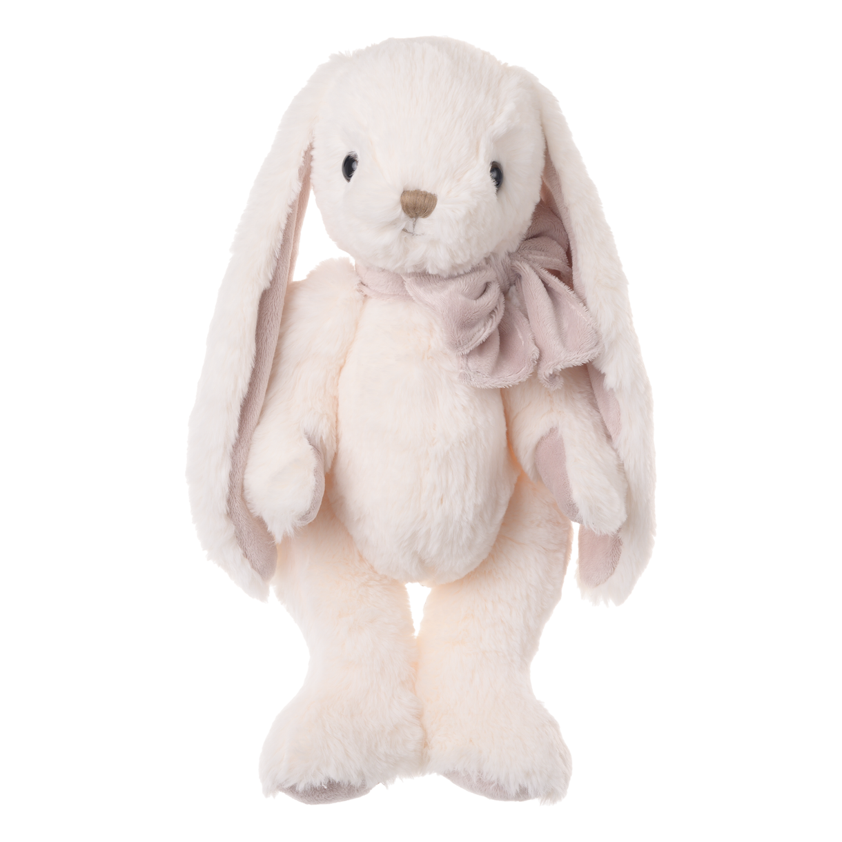 Plush bunny toy with a pink bow on a white background