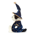 A plush dog toy dressed as a wizard, featuring a navy blue velvet robe and pointed hat with gold embroidered stars and a crescent moon, set against a plain white background.