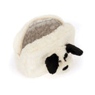 A plush dog-shaped pouch or small bag made of soft faux fur, shown on a plain white background. The exterior is cream white with black ears, nose, and eye details, and the inside lining has a gray patterned print.