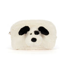 A fluffy faux-fur pouch shaped like a dog face, featuring black ears, nose, and eyes on a white background.
