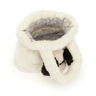A plush white pet bed shaped like a panda, featuring black faux-fur ears and a gray patterned interior lining, shown on a white background.