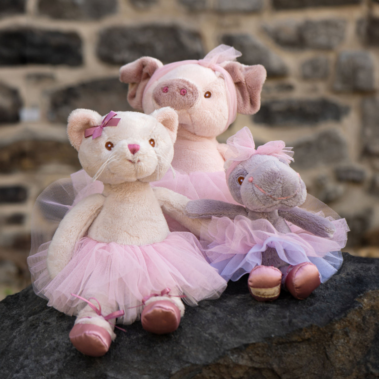 Three plush toys, including a bear, pig, and rabbit, wearing pink tutus against a stone wall.