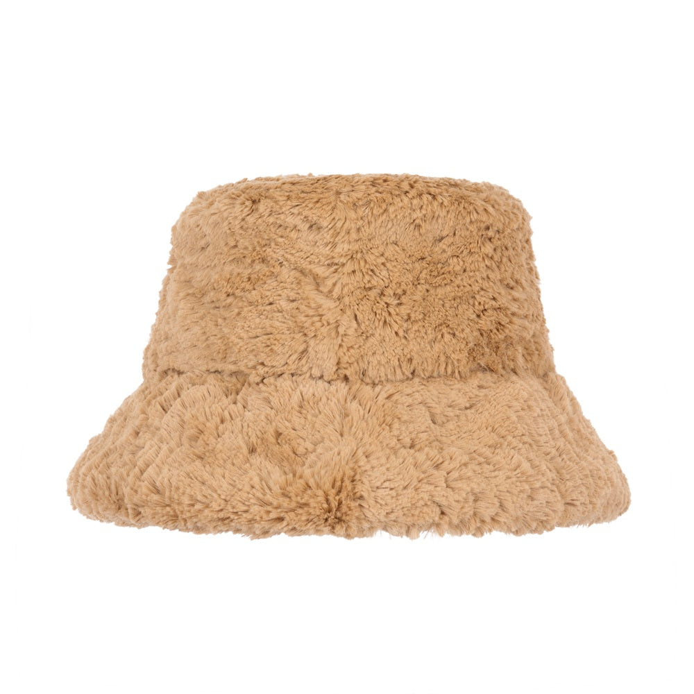 A light tan fuzzy bucket hat with a soft, shaggy texture, shown against a plain white background.