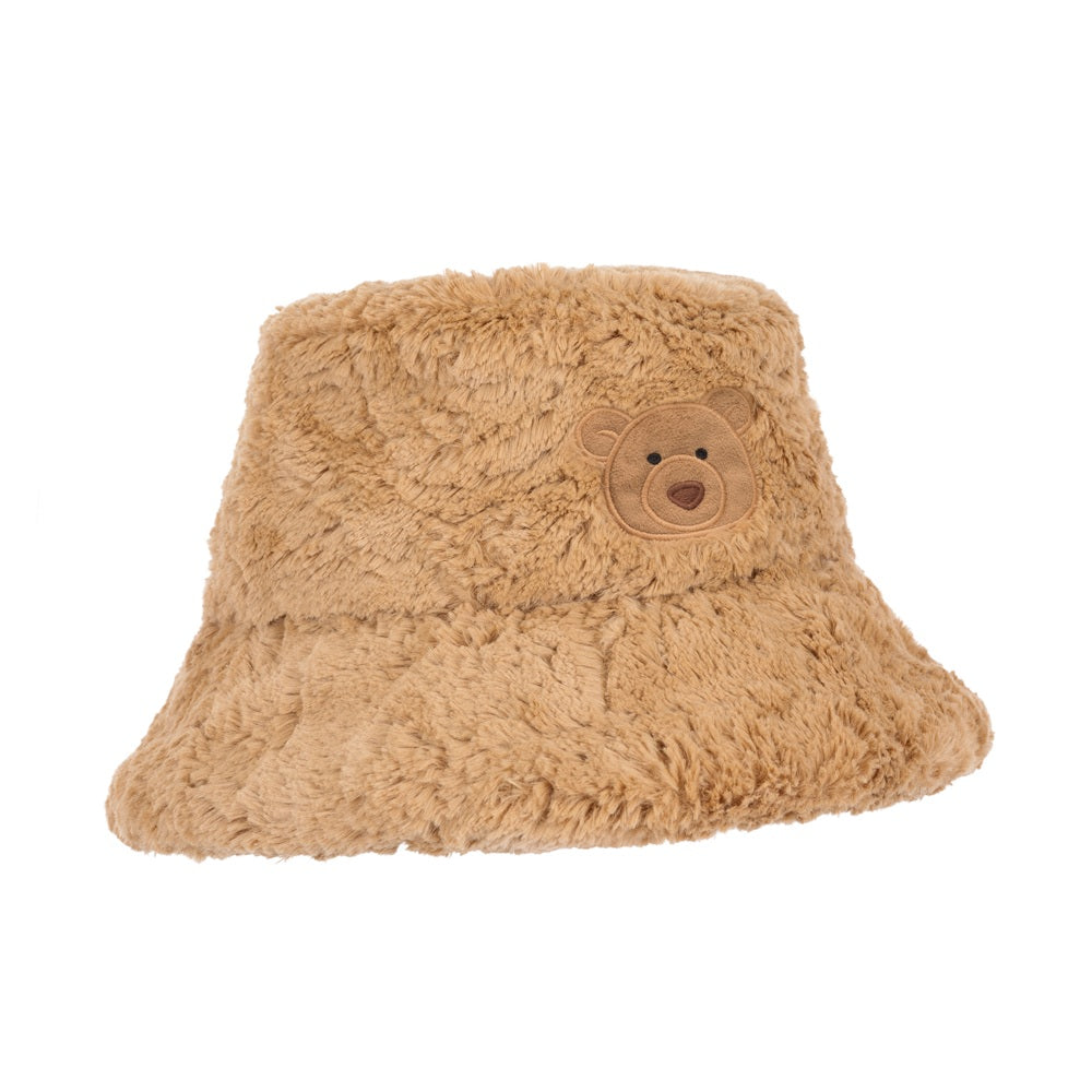Brown fuzzy bucket hat with a bear face emblem on a white background