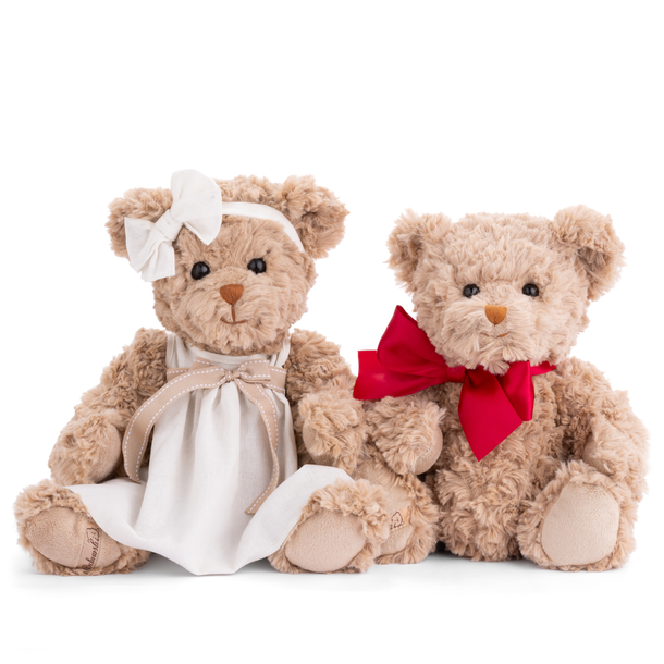 Two teddy bears, one in a white dress with a bow and the other in a red bow tie, on a white background.