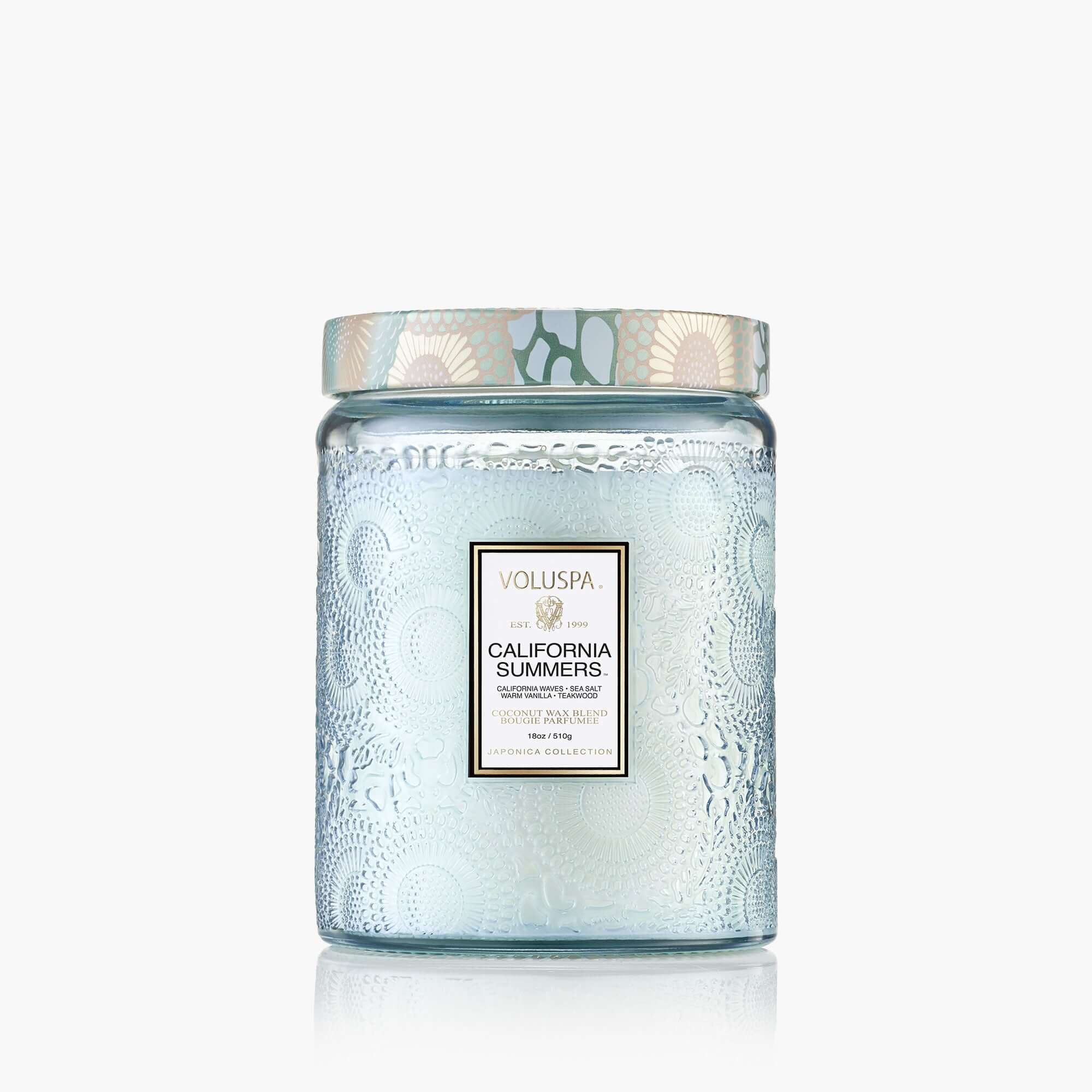 Voluspa candle jar labeled 'California Summers' on a white background