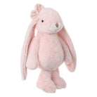 Pink plush bunny toy with a bow on a white background