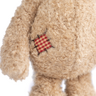 Close-up of a beige teddy bear with a red and yellow patch on a white background