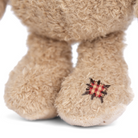 Close-up of a teddy bear's paw with a embroidered design on a white background