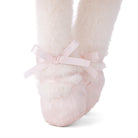 Pink ballet slipper with a bow on a white background
