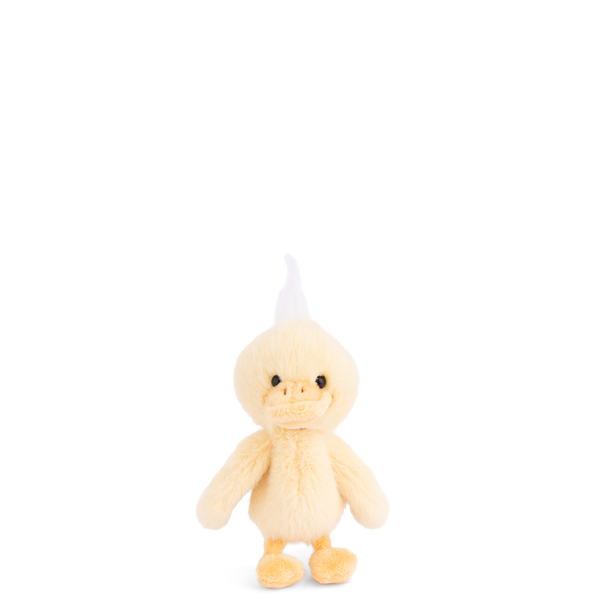 Plush toy duck with a white hat on a white background