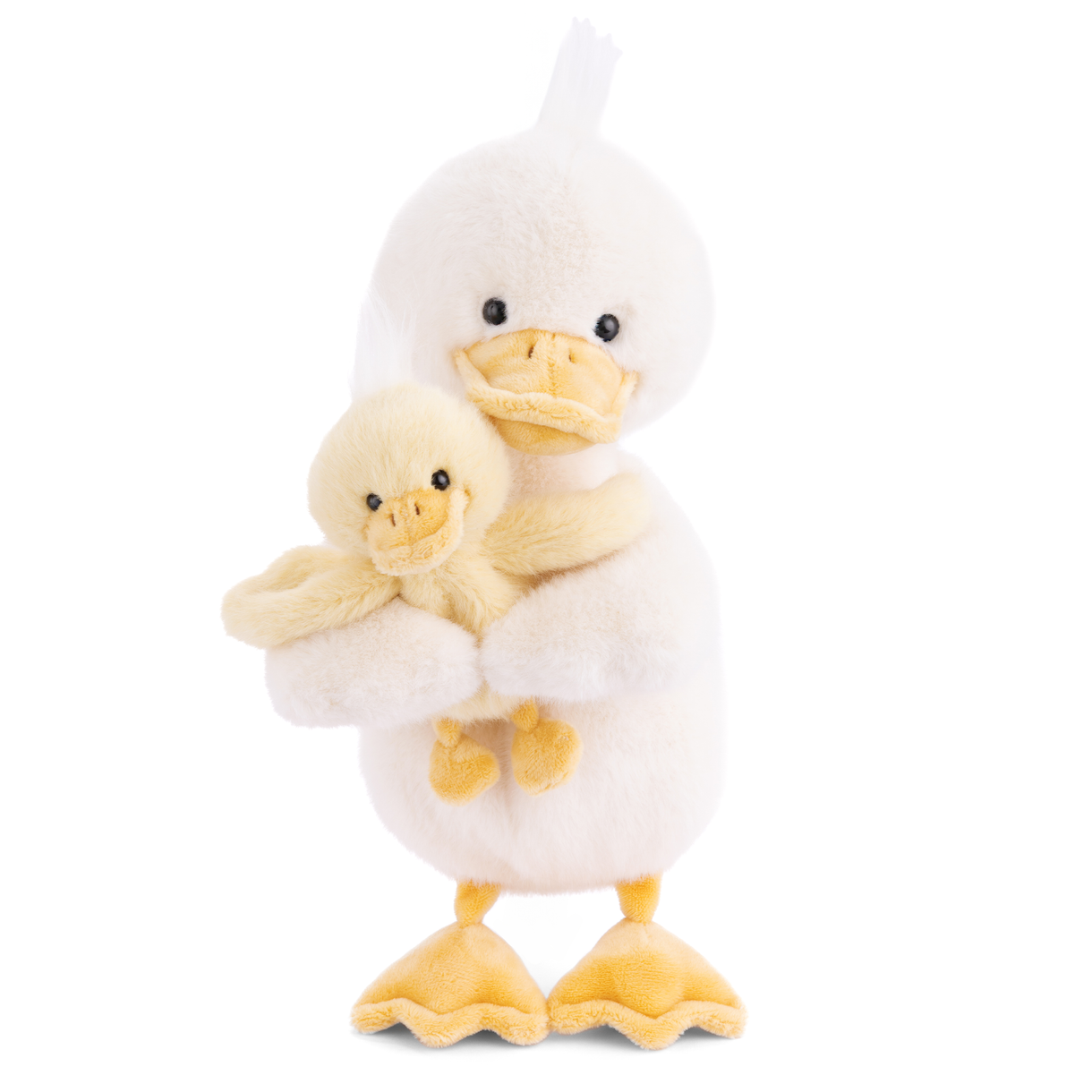 Plush toy of a duck holding a smaller duckling on a white background